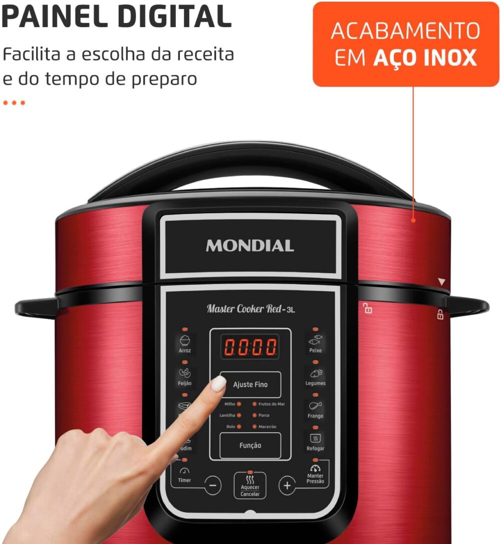 Panela De Pressão Elétrica Digital 3L, Mondial, Vermelho/Ino... - Image 5