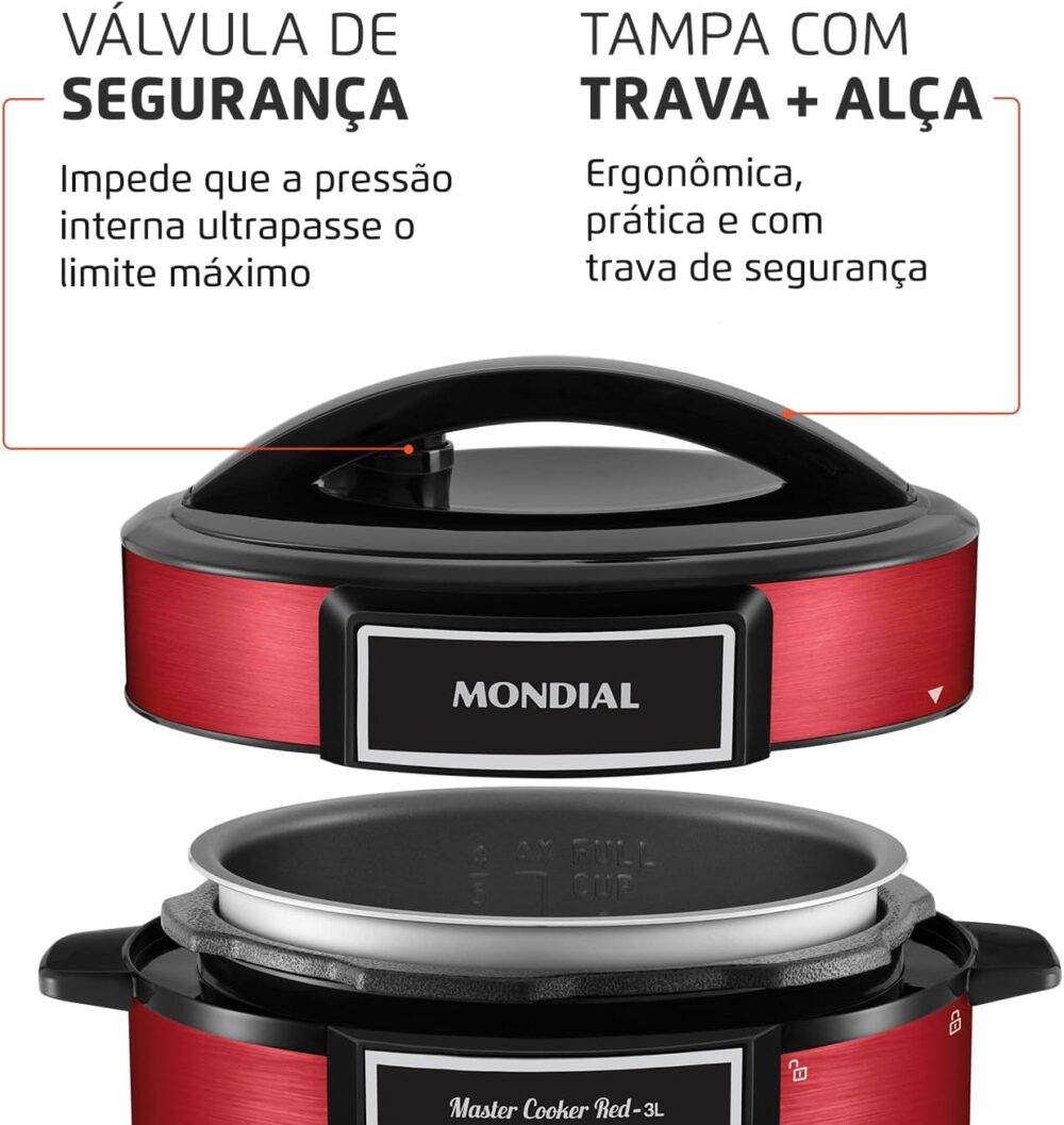 Panela De Pressão Elétrica Digital 3L, Mondial, Vermelho/Ino... - Image 6