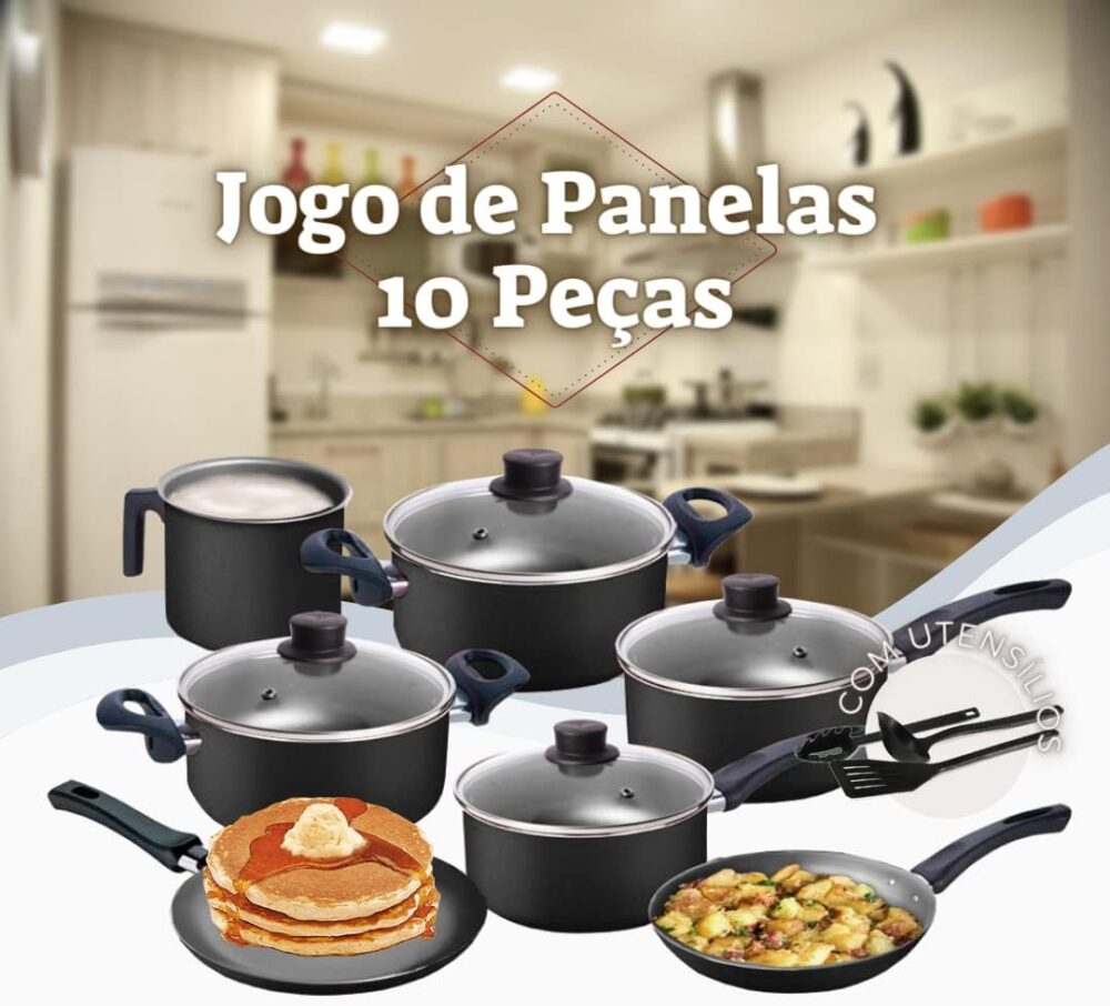 Jogo de Panelas 10 Peças Preto Antiaderente c/Tampa de Vidro... - Image 3