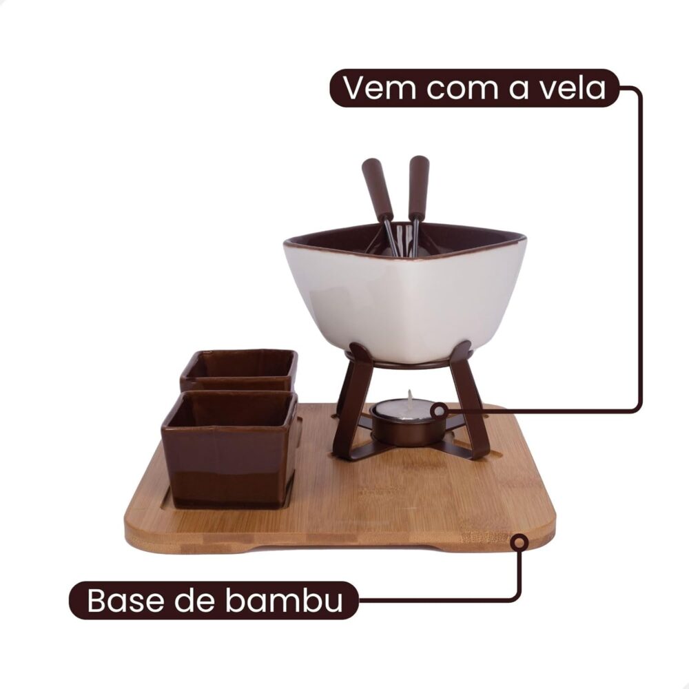 Conjunto Fondue Em Cerâmica Quadrado 8 Peças 300ml Chocolate... - Image 5