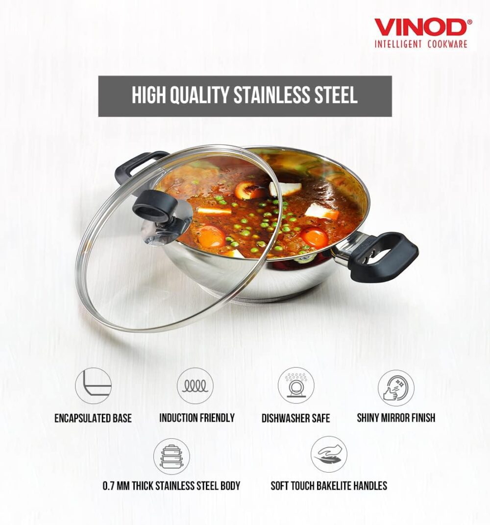 Vinod Kadhai de aço inoxidável | Wok Deluxe com tampa de vid... - Image 4