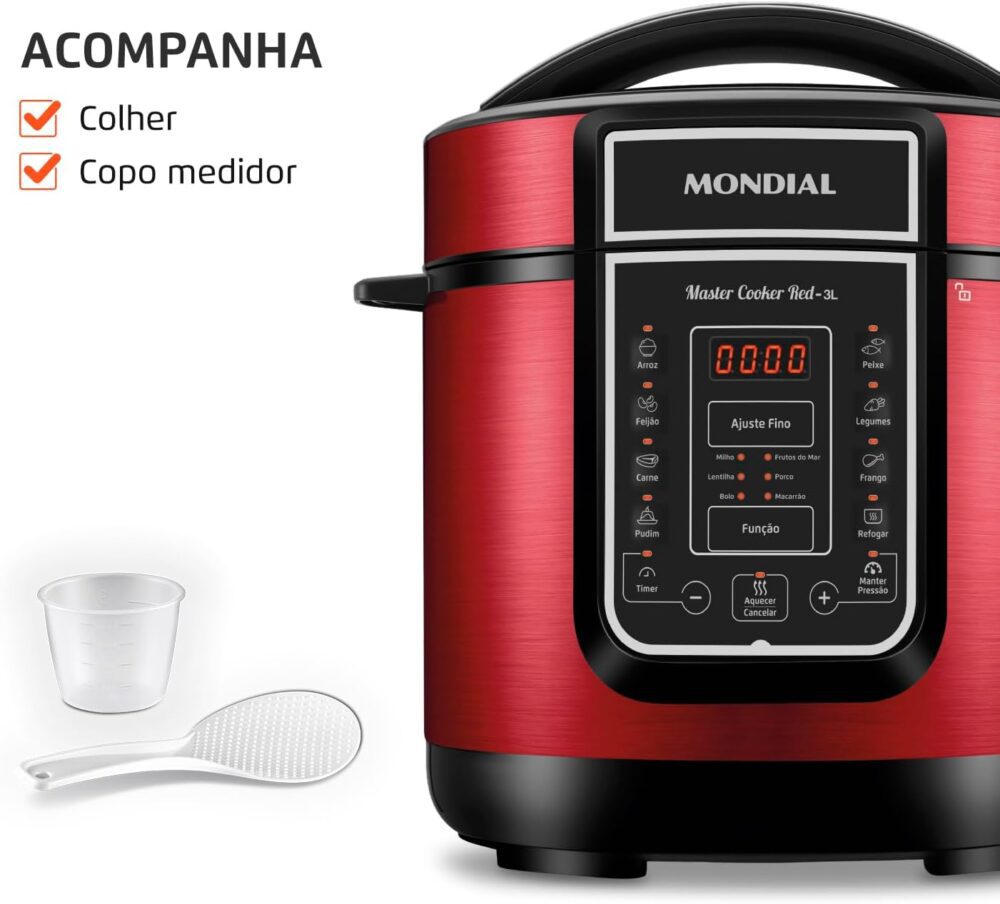 Panela De Pressão Elétrica Digital 3L, Mondial, Vermelho/Ino... - Image 7