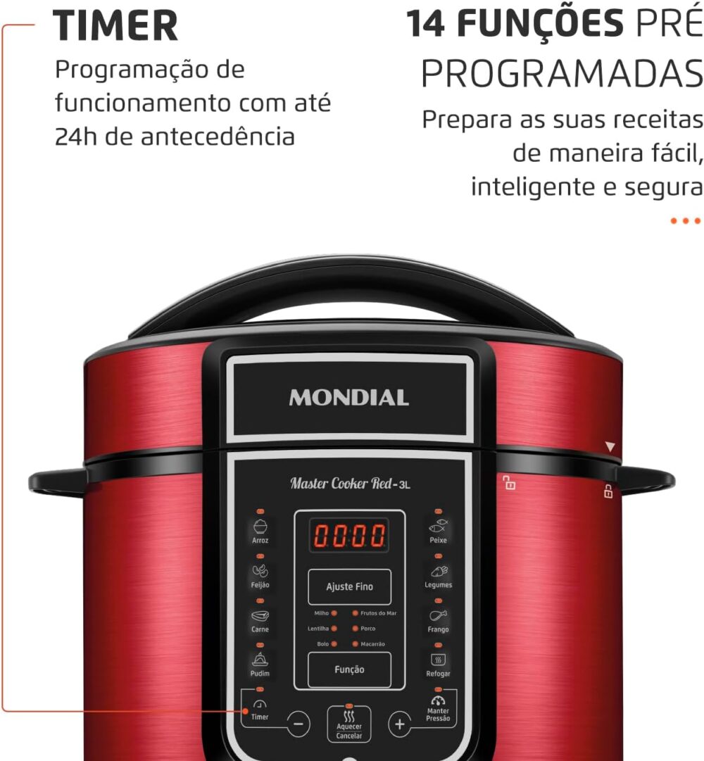 Panela De Pressão Elétrica Digital 3L, Mondial, Vermelho/Ino... - Image 3
