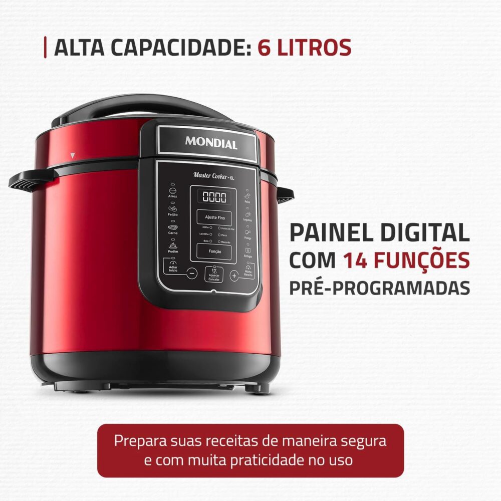 Panela de Pressão Elétrica Digital 6L, Mondial, Vermelho/Ino... - Image 2