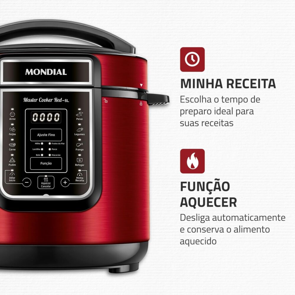 Panela de Pressão Elétrica Digital 6L, Mondial, Vermelho/Ino... - Image 5