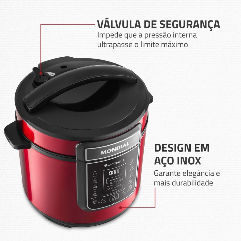 Panela de Pressão Elétrica Digital 6L, Mondial, Vermelho/Ino... - Image 4