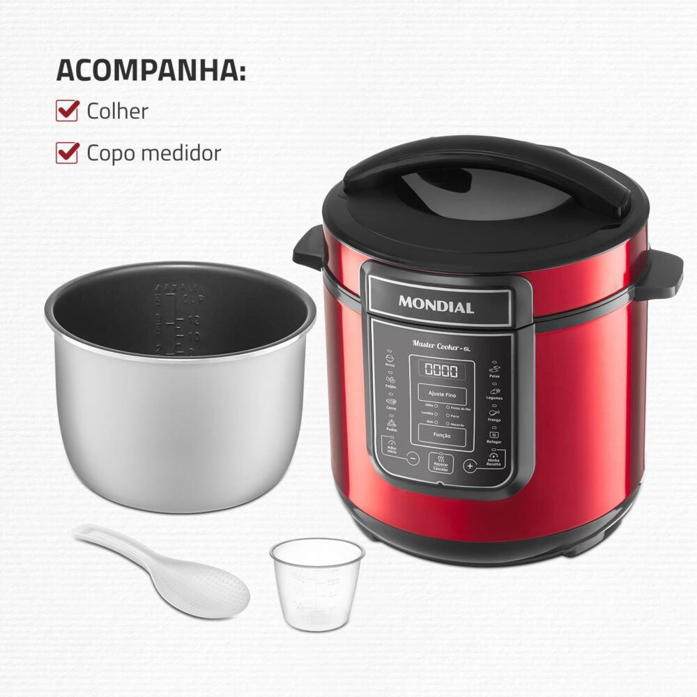 Panela de Pressão Elétrica Digital 6L, Mondial, Vermelho/Ino... - Image 7