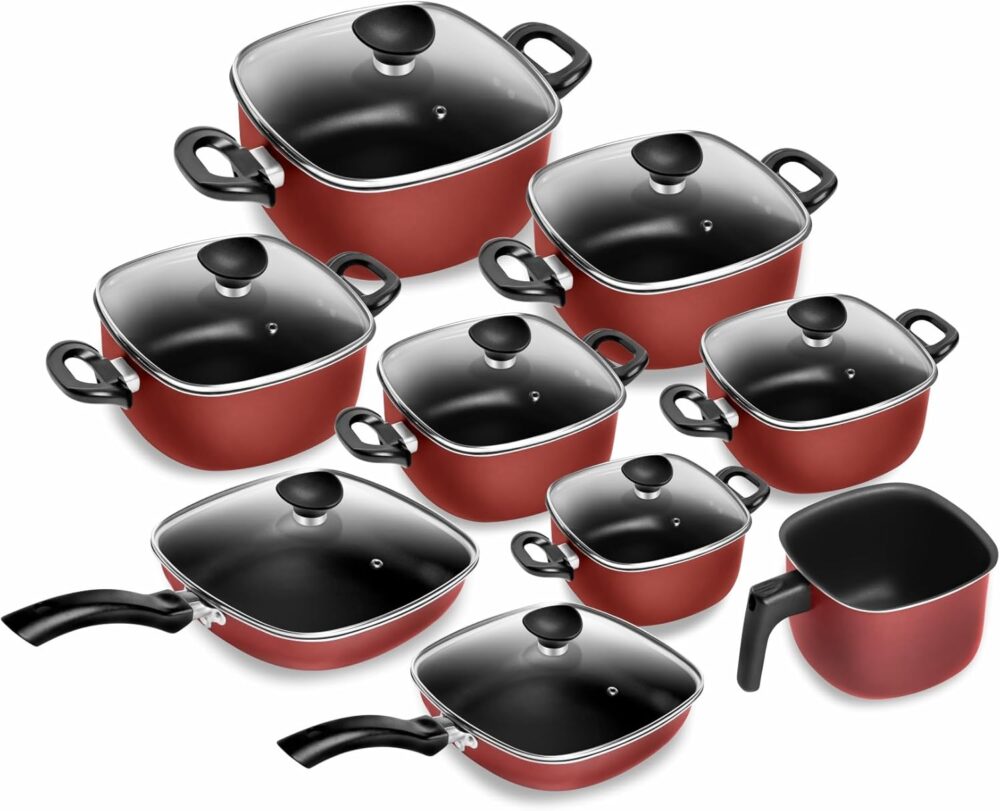 Kit de Panelas Quadradas Patolux 9 Peças Antiaderente Vermel...