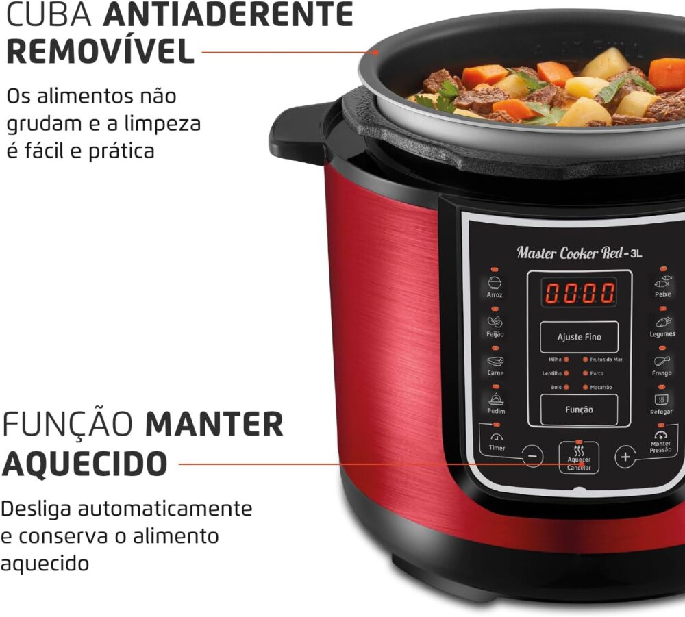 Panela De Pressão Elétrica Digital 3L, Mondial, Vermelho/Ino... - Image 4