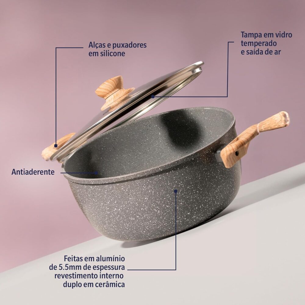 Caçarola com Tampa 7,5L Cerâmica Marble Edition Dark Grey Os... - Image 4