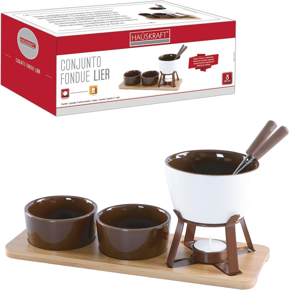 Conjunto Fondue Lier 8 Peças Base Bambu Carne Chocolate