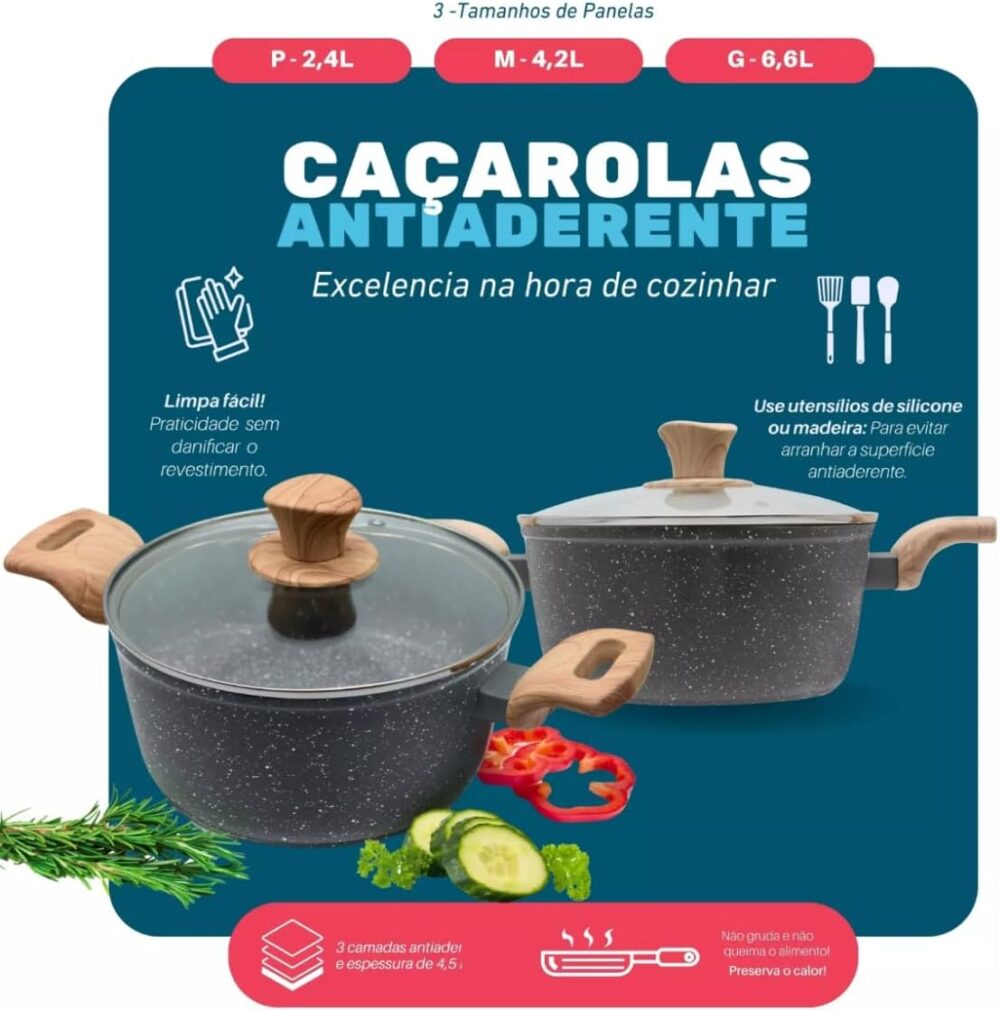 Jogo De Panelas Cerâmica Antiaderente Fogão Indução Gás Elét... - Image 3