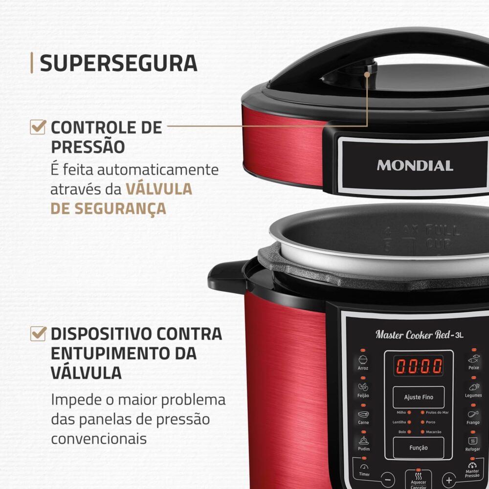 Panela De Pressão Elétrica Digital 3L, Mondial, Vermelho/Ino... - Image 5