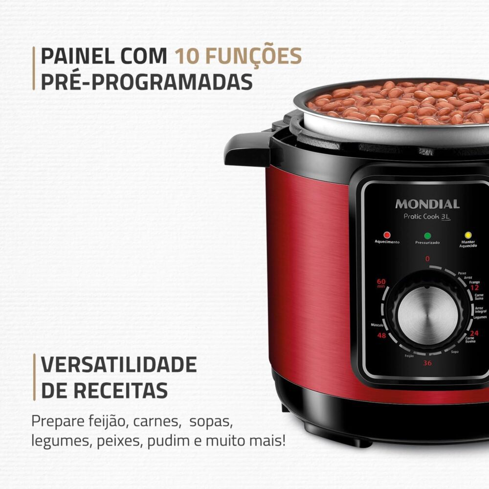 Panela de Pressão Elétrica 3L, Mondial, Vermelho/Inox, 700W,... - Image 3