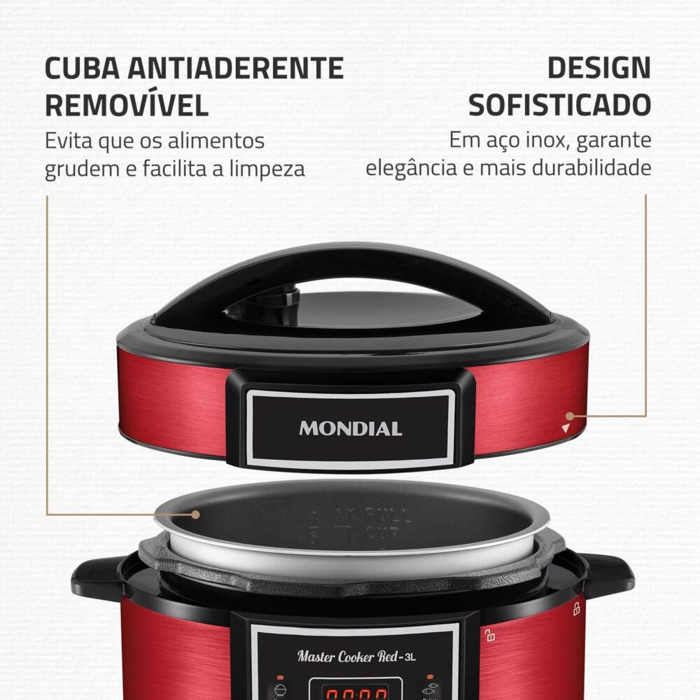 Panela De Pressão Elétrica Digital 3L, Mondial, Vermelho/Ino... - Image 7