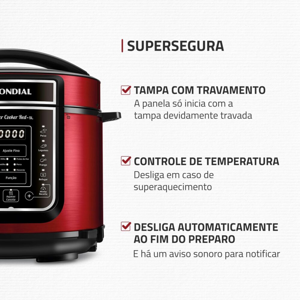 Panela de Pressão Elétrica Digital 5L, Mondial, Vermelho/Ino... - Image 4