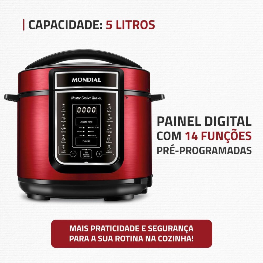 Panela de Pressão Elétrica Digital 5L, Mondial, Vermelho/Ino... - Image 2