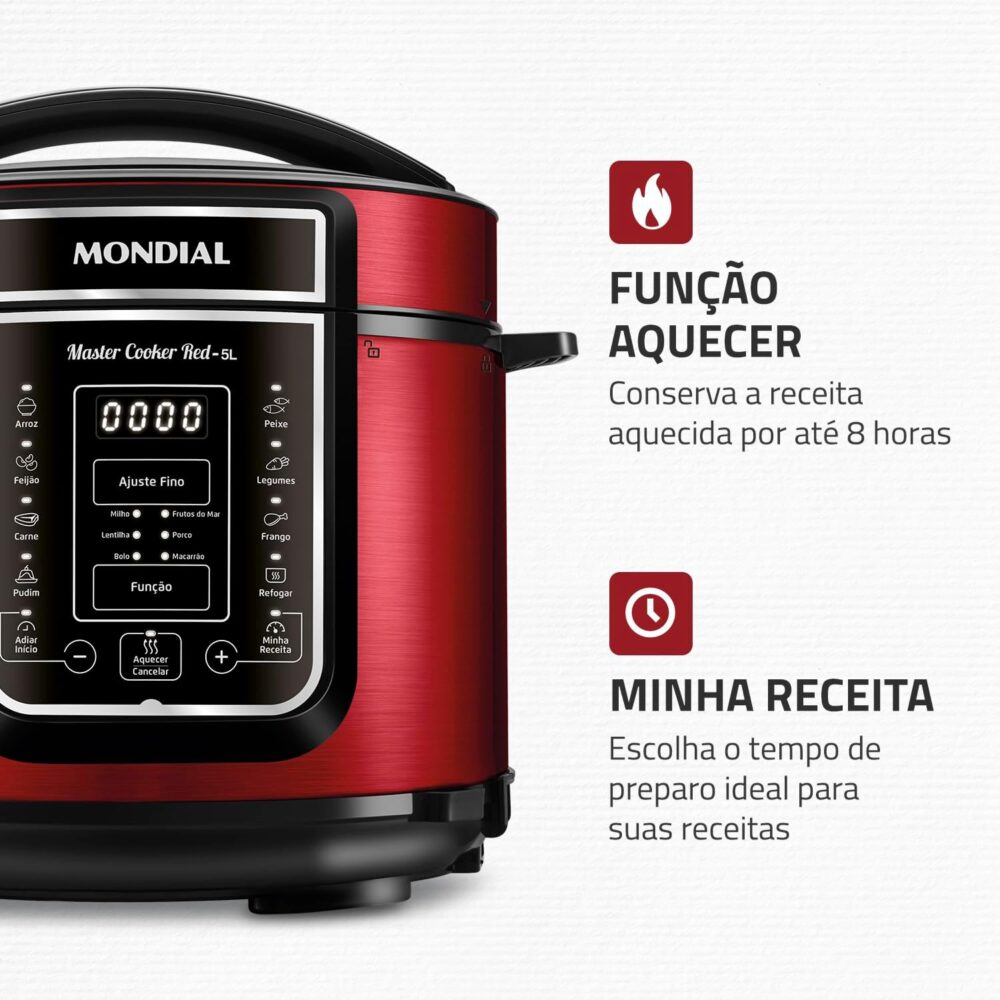 Panela de Pressão Elétrica Digital 5L, Mondial, Vermelho/Ino... - Image 6