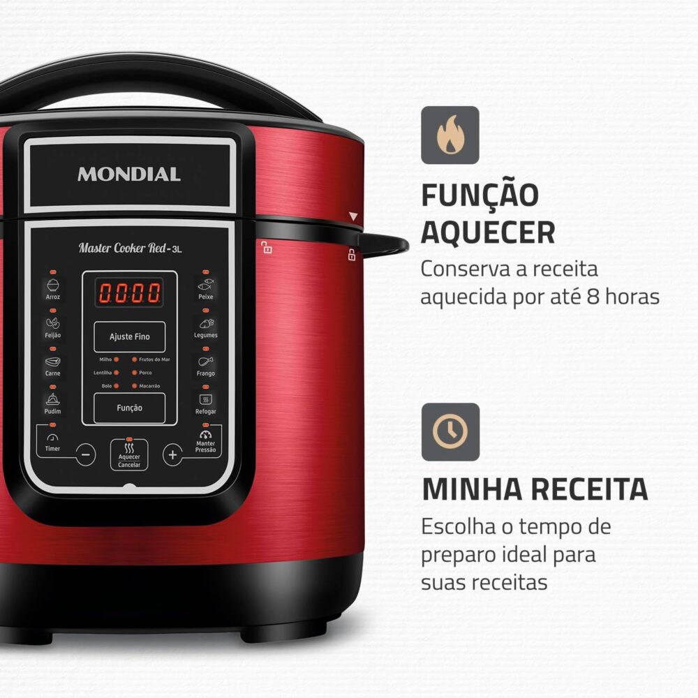 Panela De Pressão Elétrica Digital 3L, Mondial, Vermelho/Ino... - Image 6
