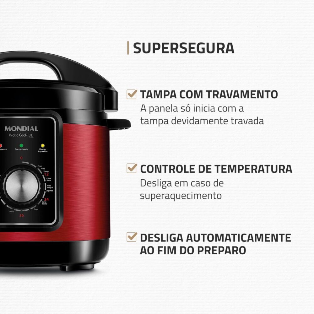 Panela de Pressão Elétrica 3L, Mondial, Vermelho/Inox, 700W,... - Image 4