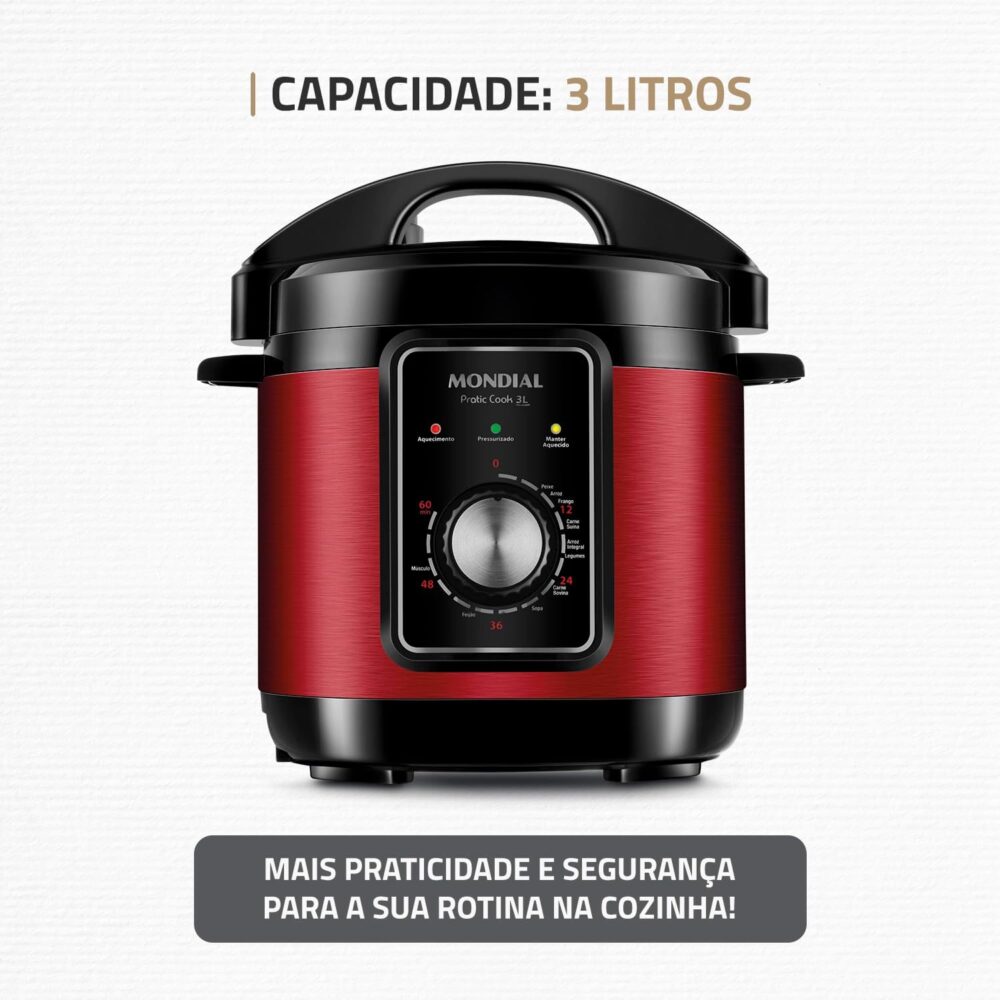 Panela de Pressão Elétrica 3L, Mondial, Vermelho/Inox, 700W,... - Image 2