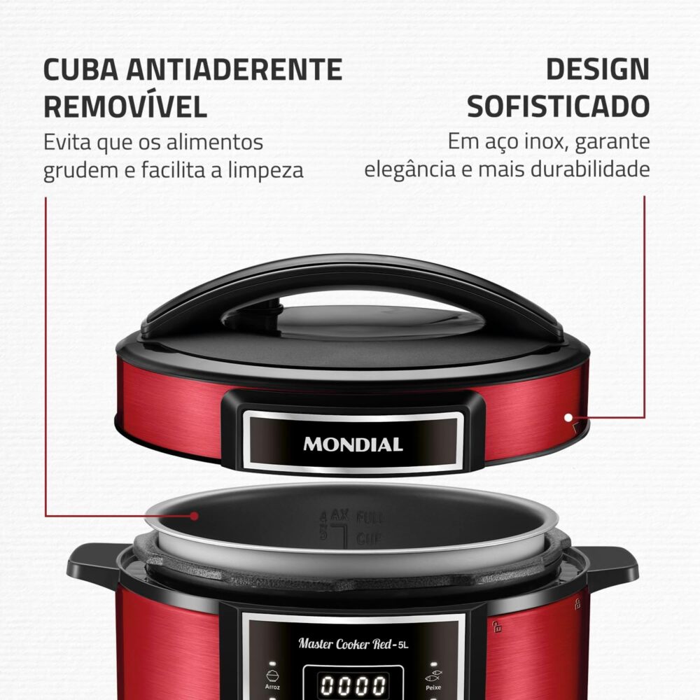Panela de Pressão Elétrica Digital 5L, Mondial, Vermelho/Ino... - Image 7