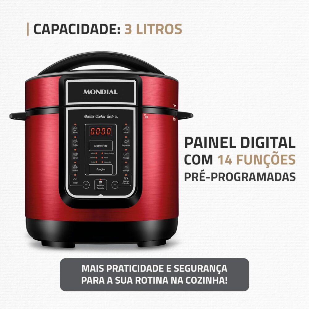 Panela De Pressão Elétrica Digital 3L, Mondial, Vermelho/Ino... - Image 2