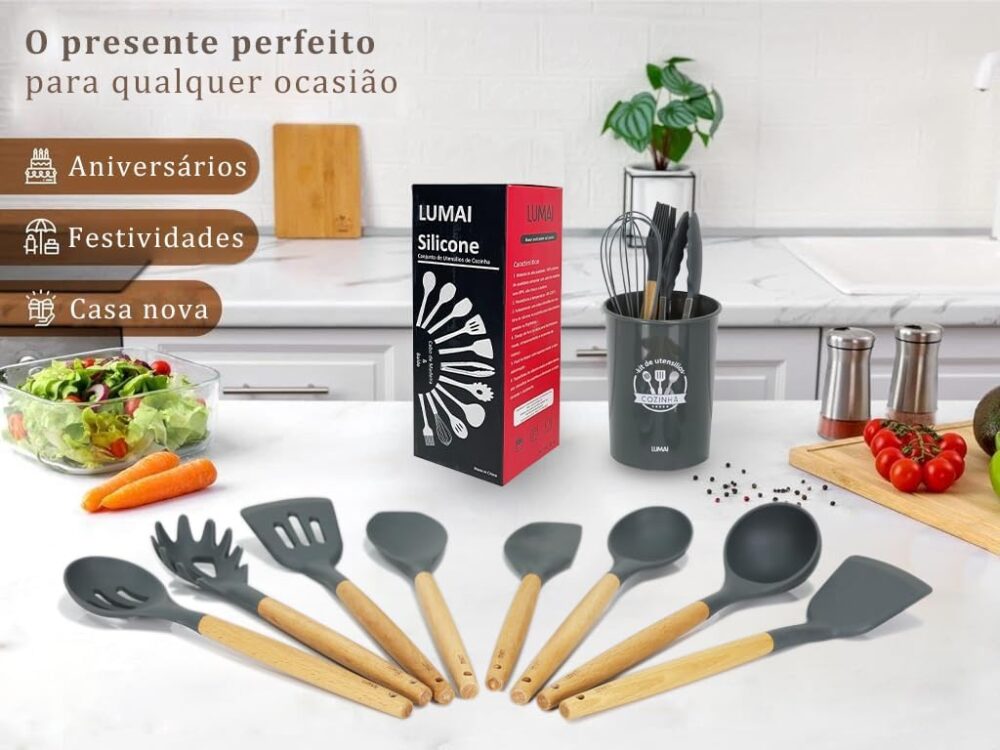 Kit 12 Utensílios De Cozinha Em Silicone E Cabo De Madeira L... - Image 6