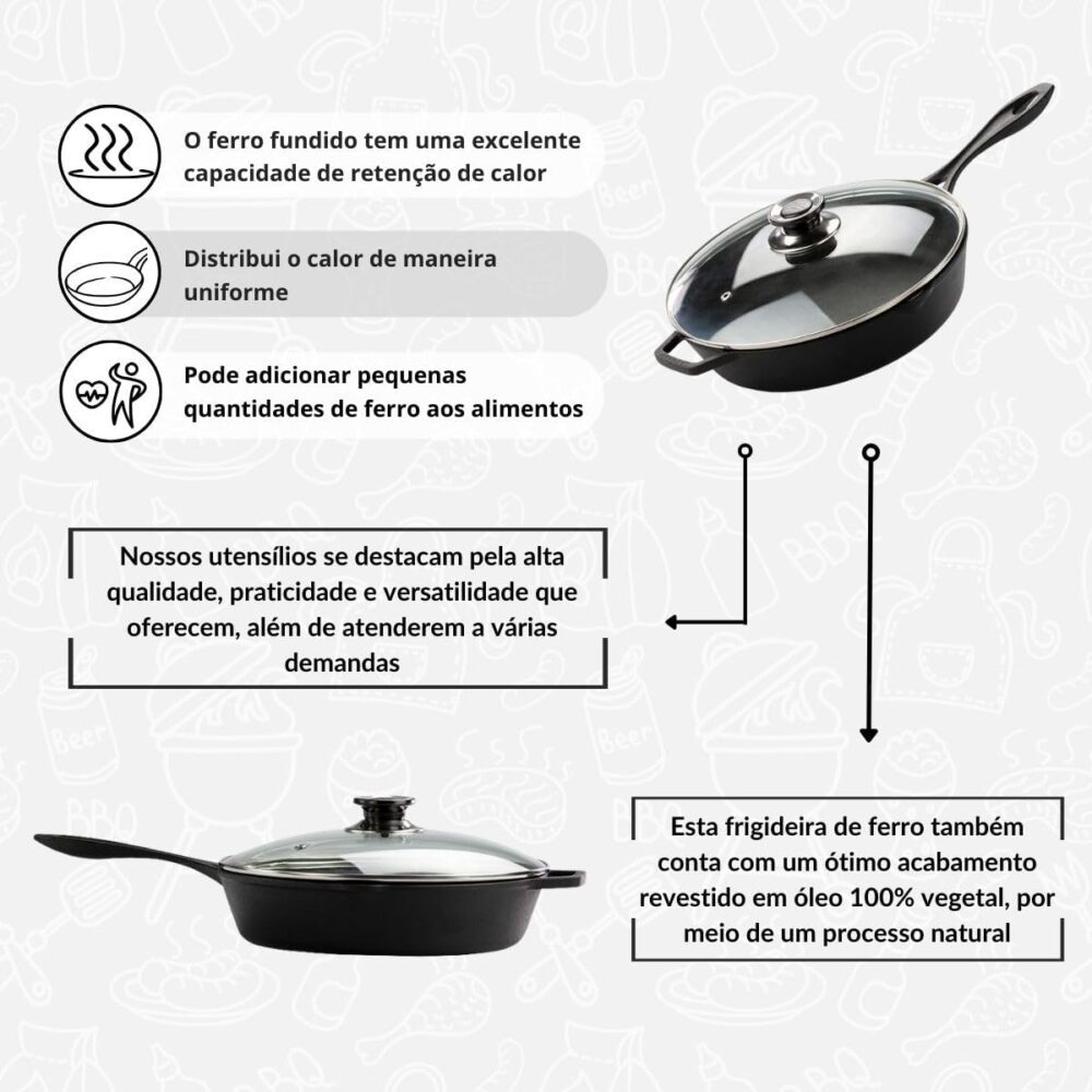 Frigideira De Ferro Fundido Com Tampa De Vidro 28 Cm Cabo de... - Image 6