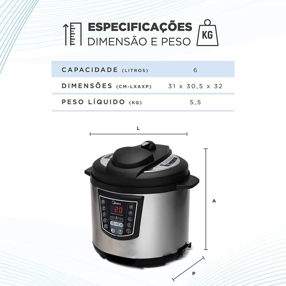 Panela de Pressão Elétrica 6L Digital, Inox/Preto, 110v, Mid... - Image 7