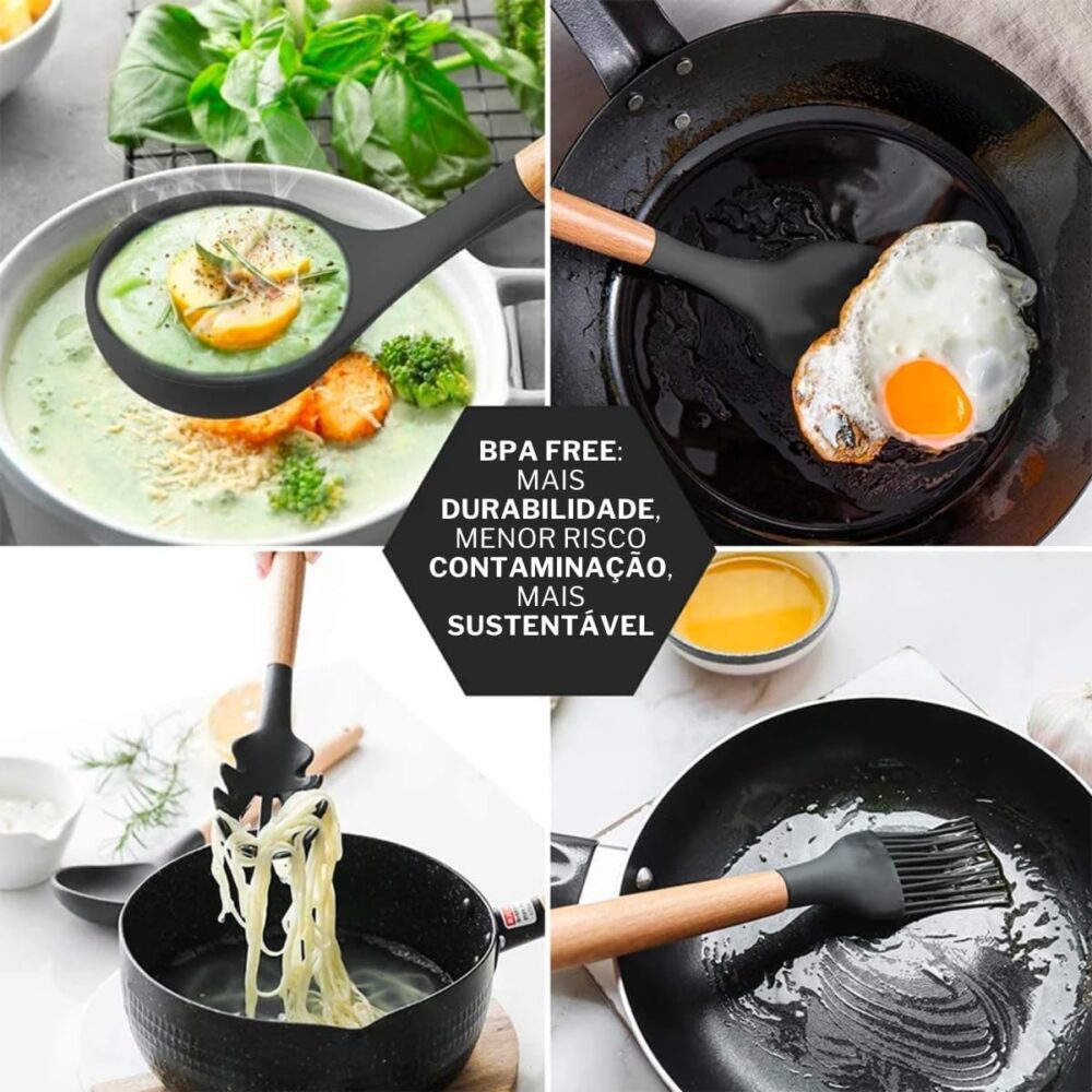 Kit 12 Utensílios Cozinha Silicone Cabo Madeira Resistente C... - Image 6