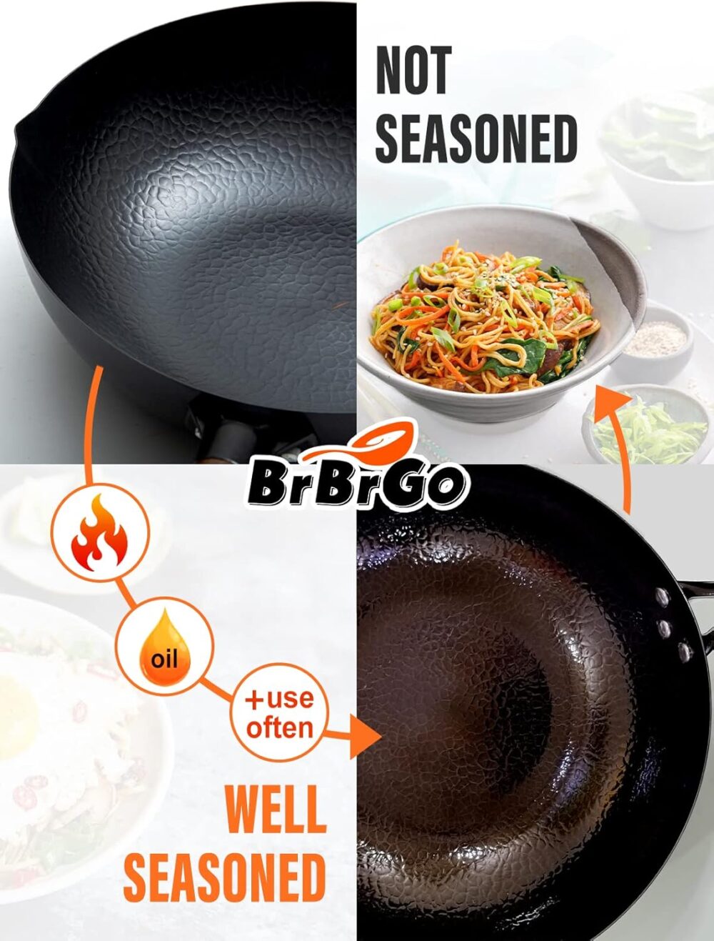 Panela Wok com tampa, woks de aço carbono e frigideira com a... - Image 6