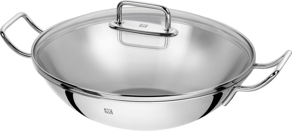 Frigideira Wok, Aço Inoxidável sem Revestimento, Tampa de Vi...