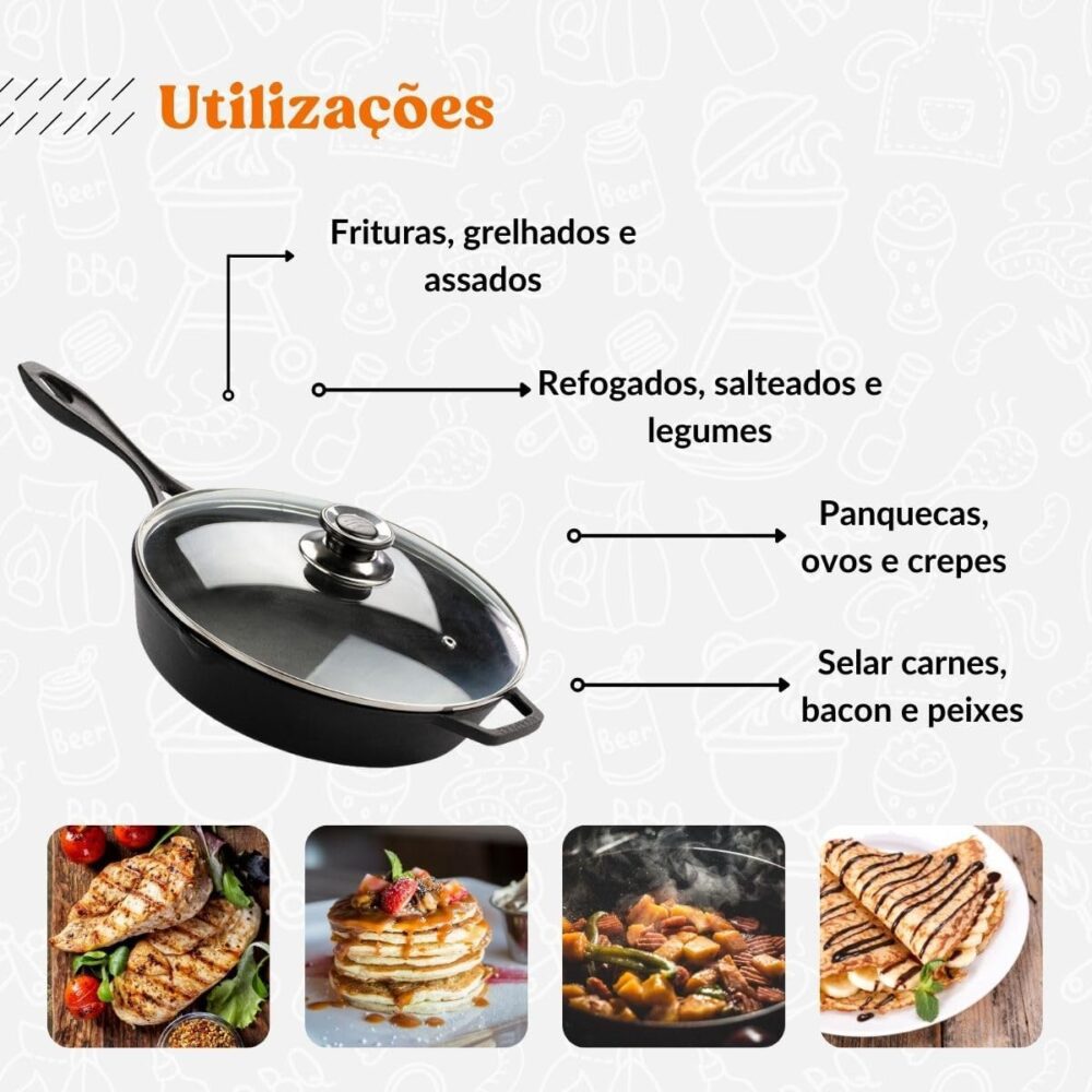 Frigideira De Ferro Fundido Com Tampa De Vidro 28 Cm Cabo de... - Image 5