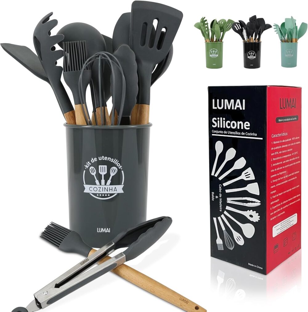 Kit 12 Utensílios De Cozinha Em Silicone E Cabo De Madeira L...