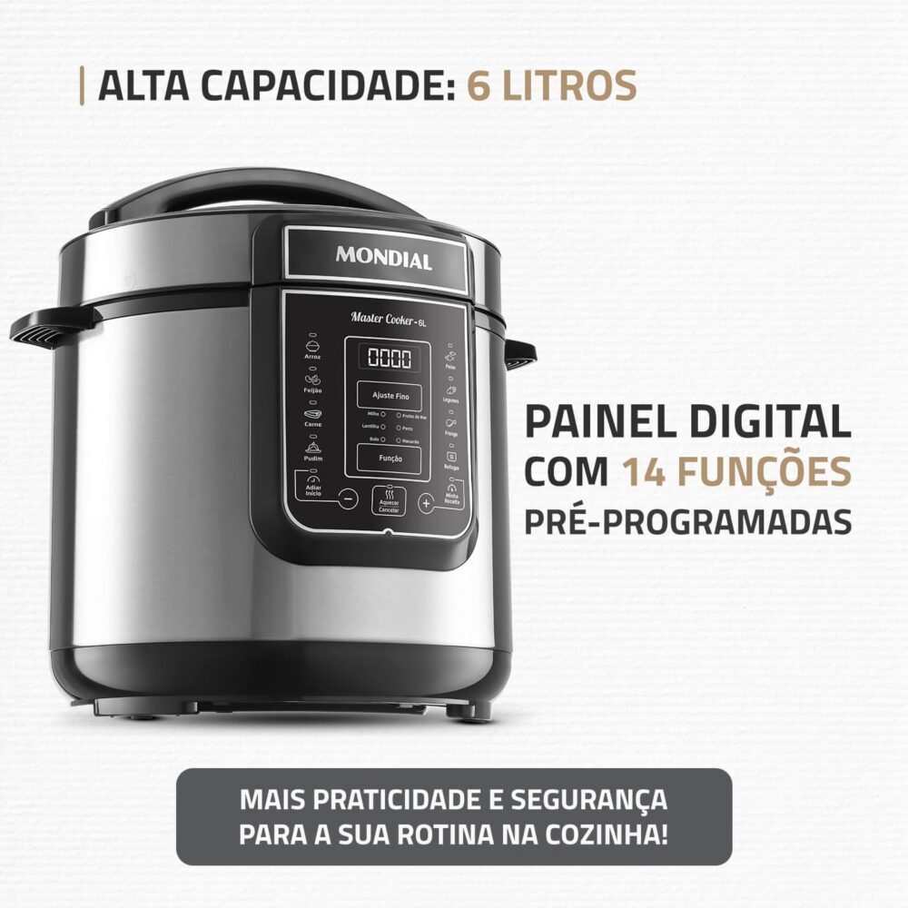 Panela de Pressão Elétrica Digital 6L, Mondial, Preto/Inox, ... - Image 2