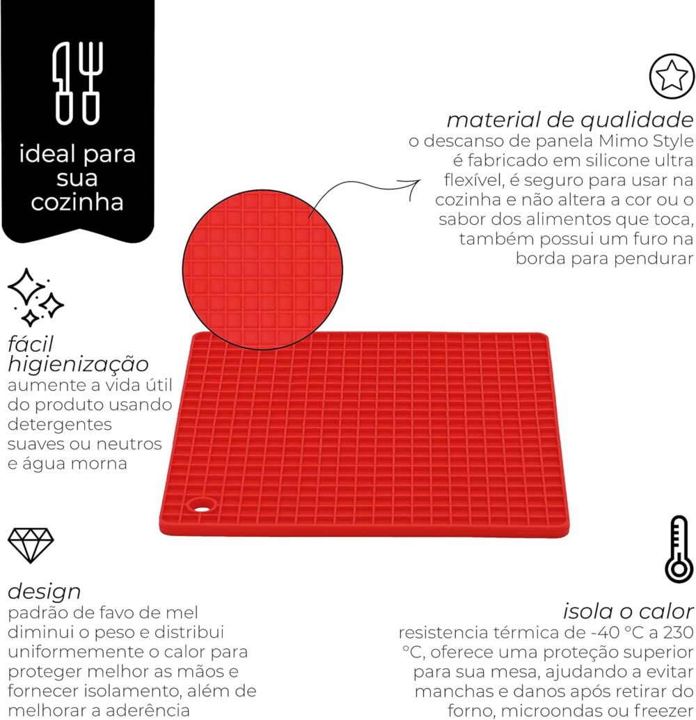 Mimo Style Descanso de Panela de Silicone Quadrado, Vermelho... - Image 2