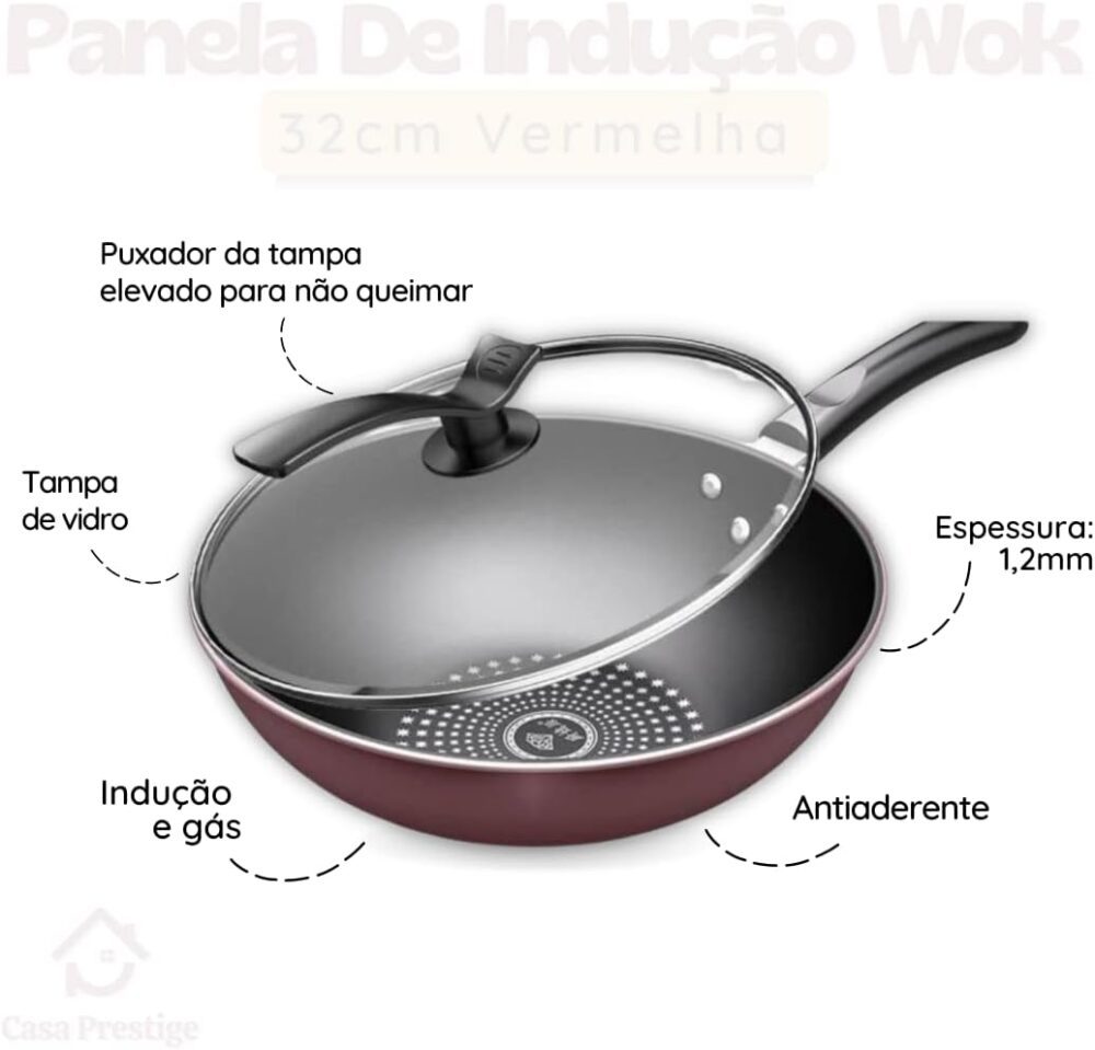 Panela Wok Indução Antiaderente 5L Vermelha com tampa - Casa... - Image 3