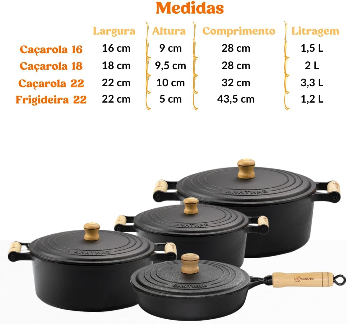Jogo de Panela Caçarolas 16, 18, 22 tampa de ferro alça de m... - Image 2