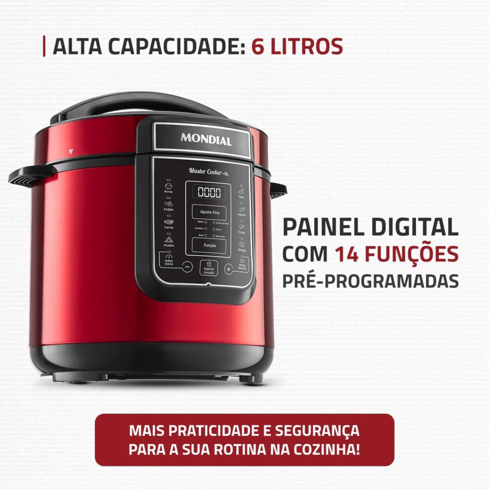 Panela de Pressão Elétrica Digital 6L, Mondial, Vermelho/Ino... - Image 2
