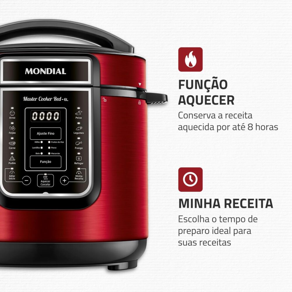 Panela de Pressão Elétrica Digital 6L, Mondial, Vermelho/Ino... - Image 6