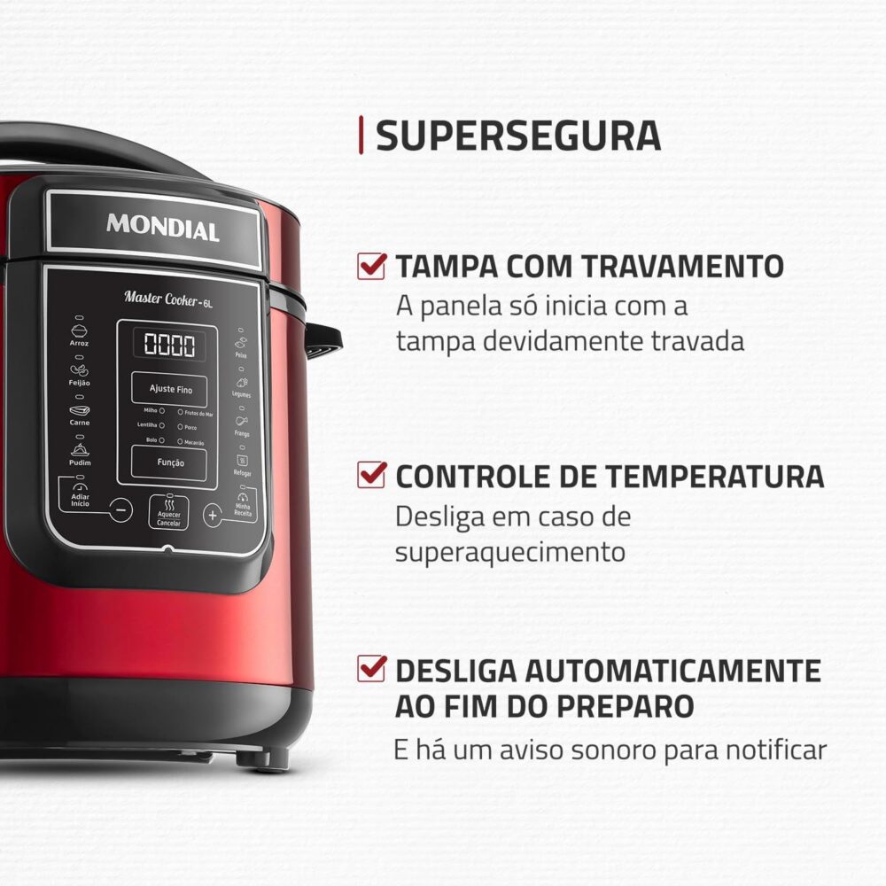 Panela de Pressão Elétrica Digital 6L, Mondial, Vermelho/Ino... - Image 4
