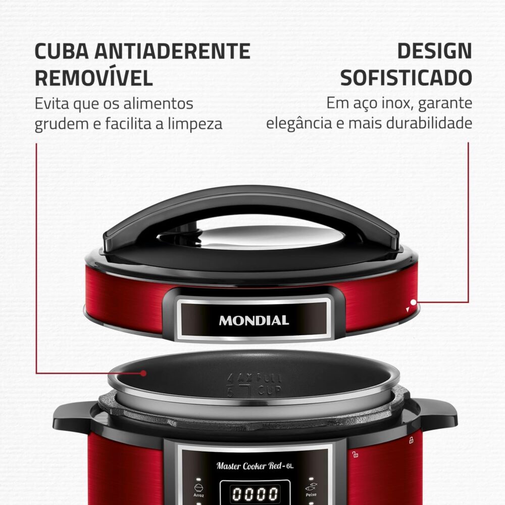 Panela de Pressão Elétrica Digital 6L, Mondial, Vermelho/Ino... - Image 7