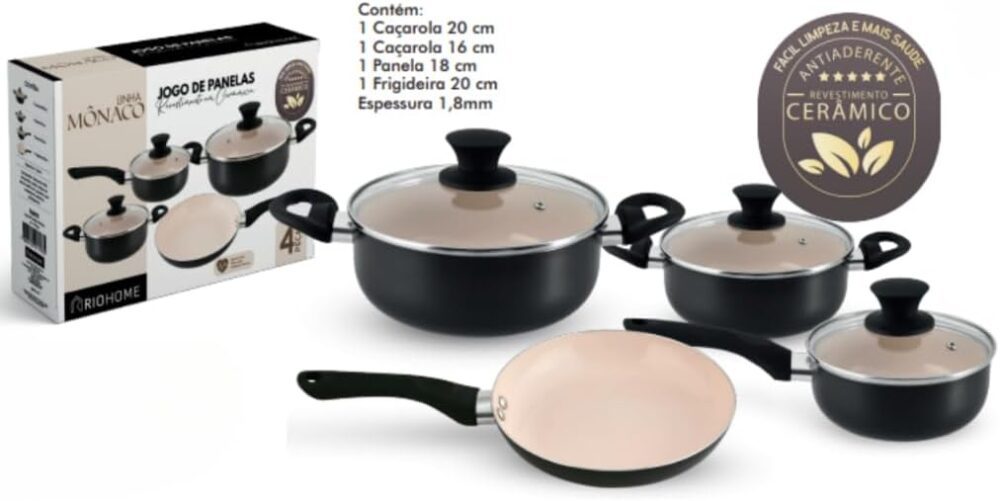 Conjunto de panelas 4 Peças Antiaderente Tampa Vidro Revesti...