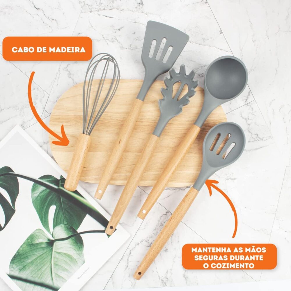 Kit 19 Utensílios De Cozinha Com Cabo De Madeira E Silicone ... - Image 3