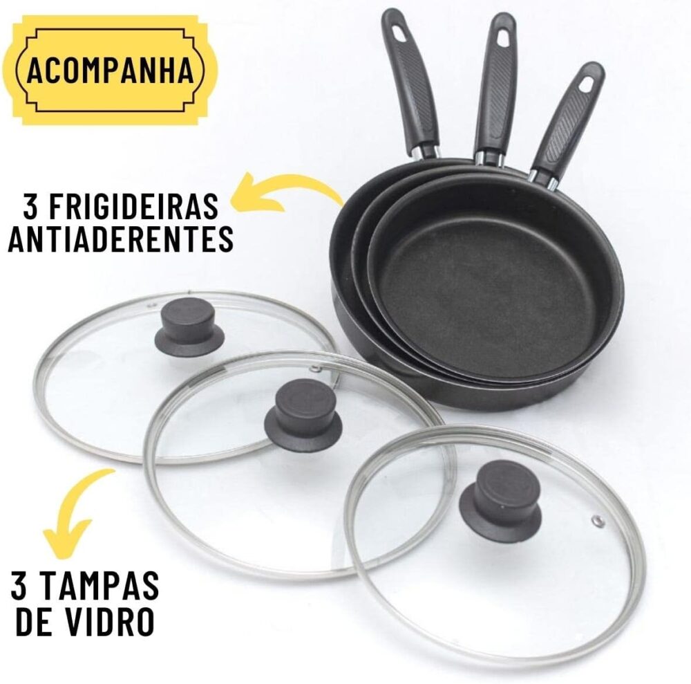 Conjunto Frigideira Antiaderente 3 Peças Com Tampa De Vidro ... - Image 6