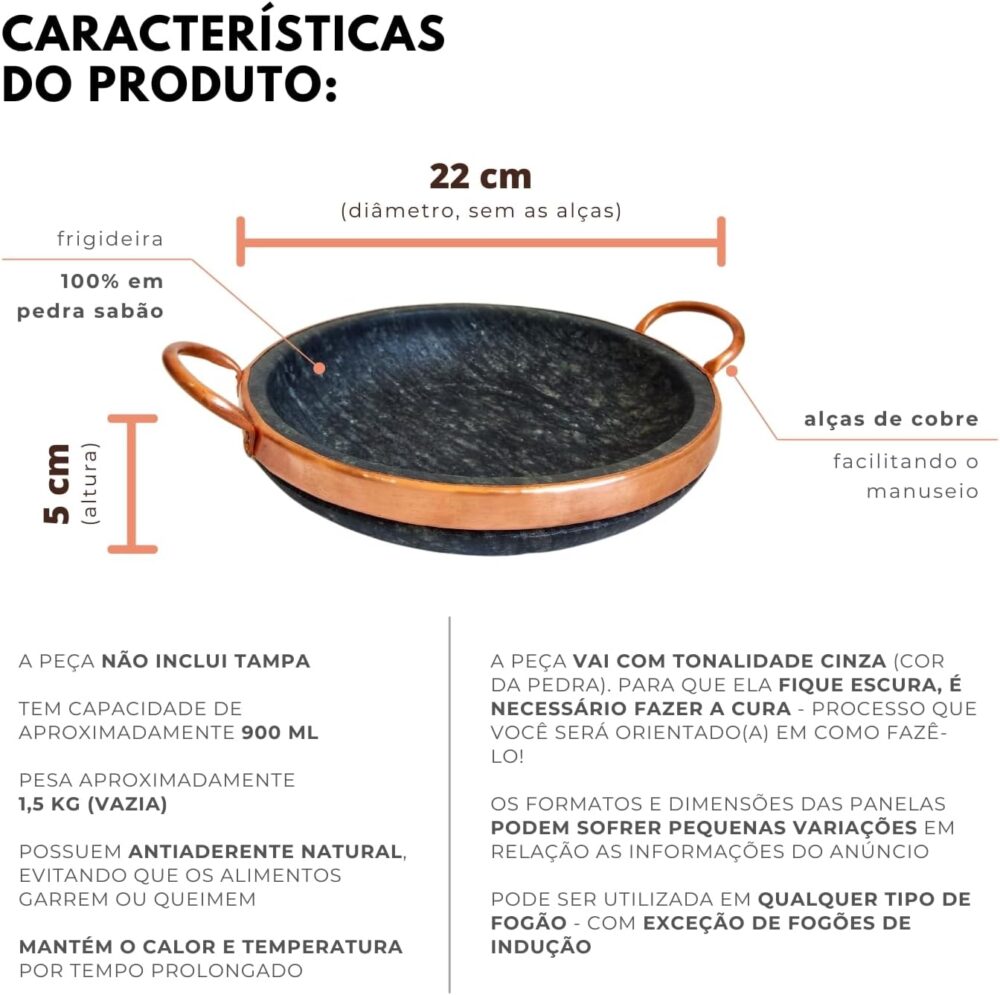 Frigideira Fritadeira Pedra Sabão 22 cm Sem Tampa Alça Cobre... - Image 6