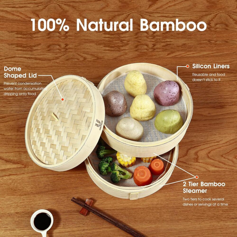 UNTIOR Cesta de bambu feita à mão de 15 cm com tampa, vapori... - Image 3