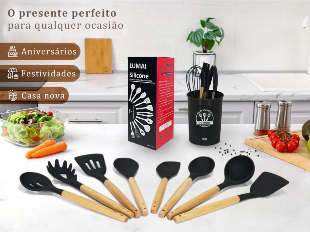 Kit 12 Utensílios De Cozinha Em Silicone E Cabo De Madeira L... - Image 4