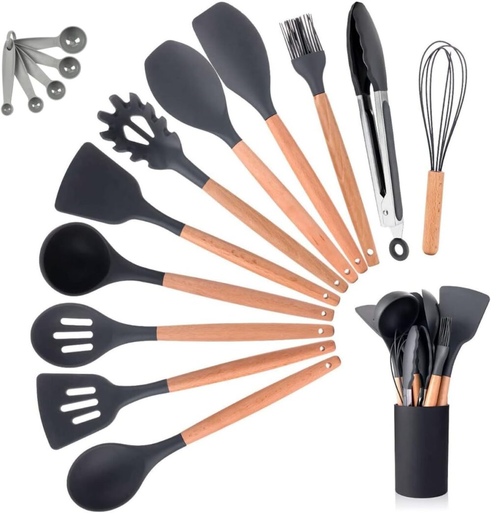 Jogo de Utensilios de Cozinha em Silicone Premium Madeira 17...